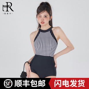 RL高级感游泳衣女连体防晒专业运动冲浪格子遮肚显瘦挂脖度假温泉