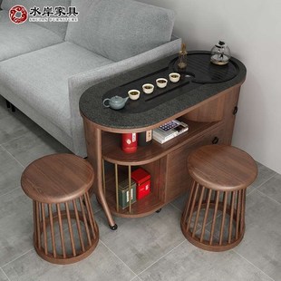 阳台茶桌家用小茶台现代简约移y动茶车实木带轮可旋转折叠功夫茶
