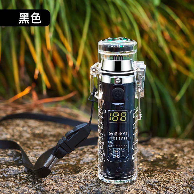 户外防水透明壳充电火机多功能带E手电指南针电子点烟器跨境