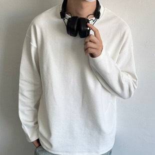 320g重磅白色圆领口袋长袖T恤男2024春秋季日系简约基础情侣拼接