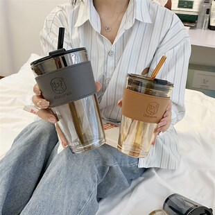 水杯背带斜挎女生颜值高杯t子咖啡杯便携可背式夏天吸管玻璃杯成