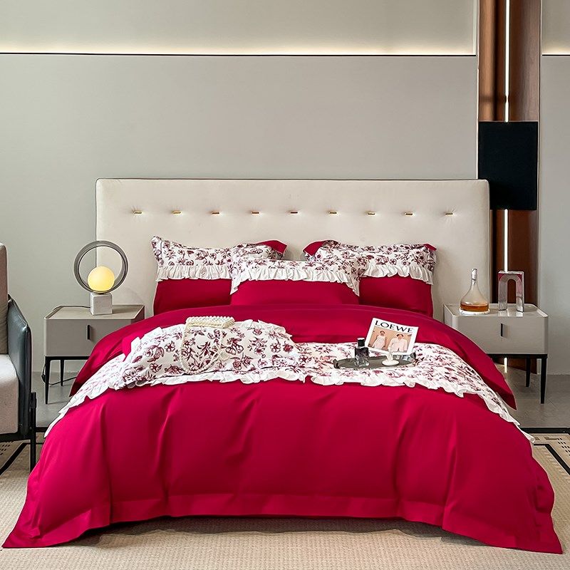 简约婚庆全棉四件套结婚花卉印花被套公主风床上用品床笠红色,床上用品,婚庆床品套件,淘宝优惠券,粉丝福利购,淘宝优惠卷