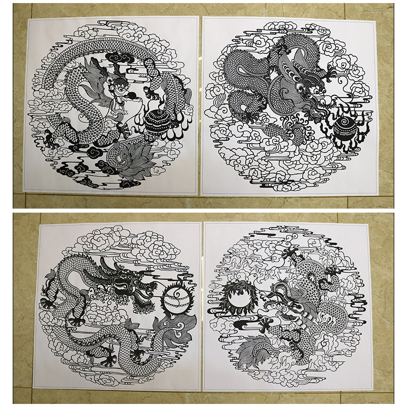 九龙图剪纸图案黑白打印底稿9张高清手工刻纸素材练习图样复印稿