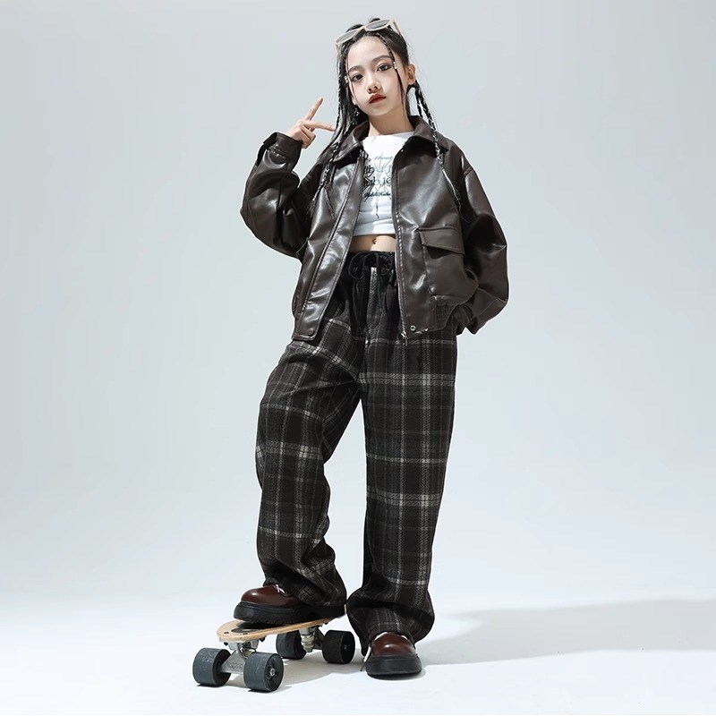 热销新款少儿爵士舞演出服棕色皮衣外套jazz现代女孩街舞表演服装