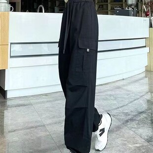 胖mm高腰直筒工装裤BF宽松休闲运动显瘦黑色阔腿裤特大码男女裤子