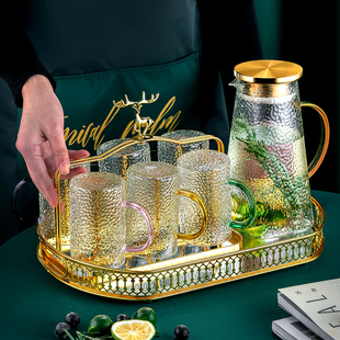家用轻奢高级感带手柄喝水杯待客茶杯 锤纹玻璃杯简约客厅杯子套装
