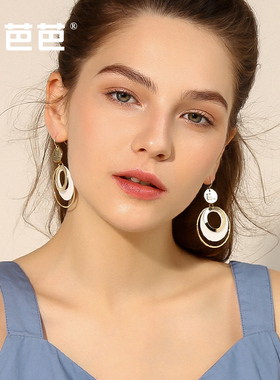 黄色几何耳环女20l21新款潮耳坠韩国个性网红长款气质春天圈圈耳