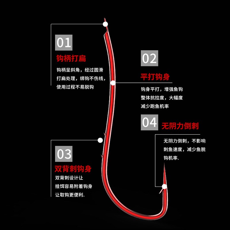 速发钓黄辣丁昂刺黄桑专用鱼钩散装有倒刺长柄双背刺虫饵付流线钓