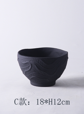 现代简约新中式黑色哑光陶瓷碗花瓶摆件家居样板间客厅水果盘装饰