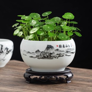 水墨风格 中式 铜钱草水培花盆无孔金钱草陶瓷室内客厅办公室摆件缸