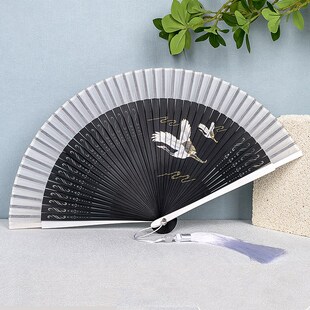 扇子古风经典款仙鹤女式夏天随时折扇中国风旗袍跳舞工艺折叠竹扇