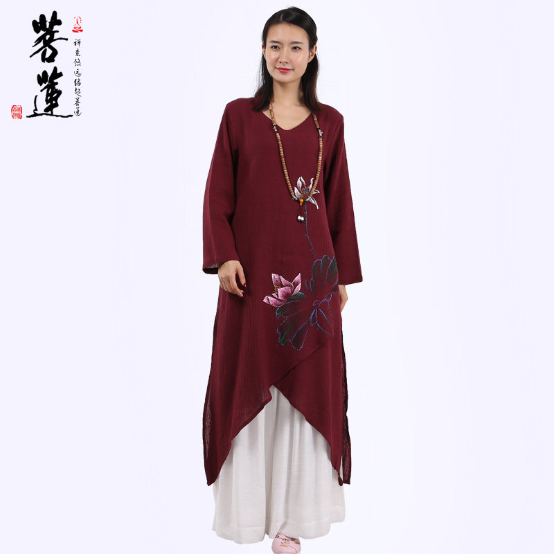 禅服女皱麻连衣裙裙国风民族古亚麻棉麻长中唐装复风茶人服女