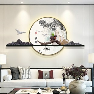 新中式 饰画茶室禅意沙发背景墙挂画浮雕3D圆形山水带灯壁画 客厅装