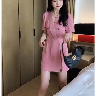 2024夏季新款韩版洋气时尚西装领连衣裙套装女高腰短裤纯色两件套