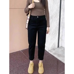 胖mm弹力显瘦九分老爹裤 大码 新款 女秋季 小个子 高腰黑色哈伦牛仔裤