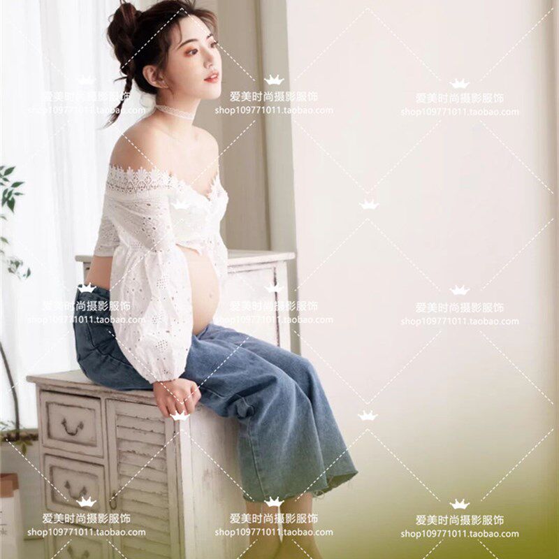 20新款孕妇拍i照蕾丝上衣夏季清新服装影楼摄影主题服饰套装孕妈