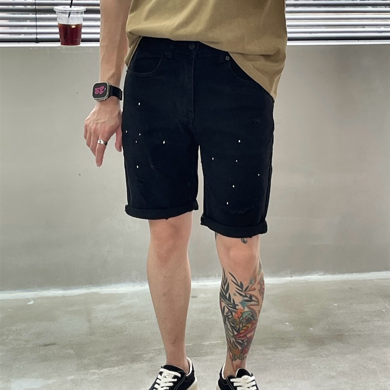 黑色漆点破洞夏季薄款美式牛仔短裤男韩版潮流弹力修身五分裤中裤