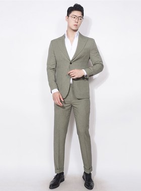 川泽男装a绿色西装二件套新款韩版修身西服套装男士休闲时尚套西