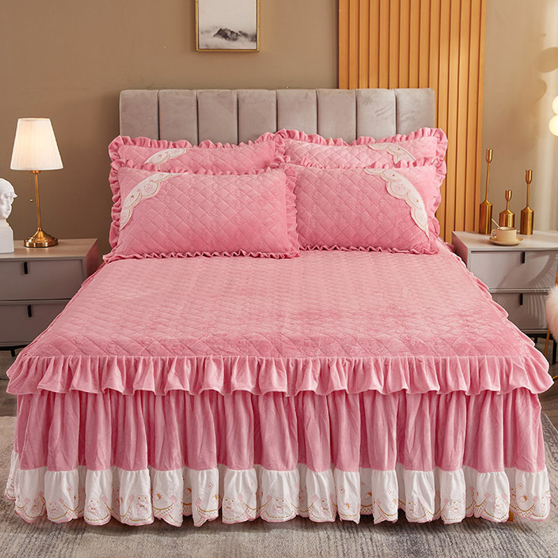 欧式水晶绒加厚床裙单件公主花边夹棉床n罩三件套加绒床罩冬季u.