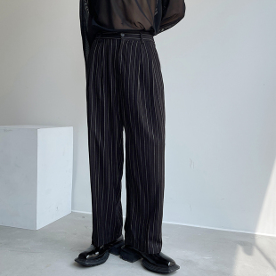发型师长 休闲阔腿裤 春秋复古条纹时j髦西裤 男宽松显瘦垂感直筒裤