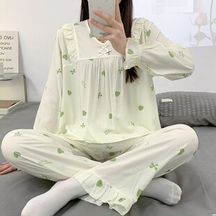 春秋天睡衣女绵绸长袖小清新家居服可外穿空调服月子服棉绸套装薄