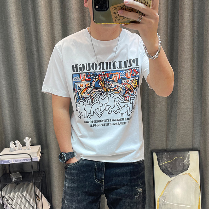 潮牌男夏季新款卡通印花男士高端纯棉半袖体恤衫修身夏装短袖t恤