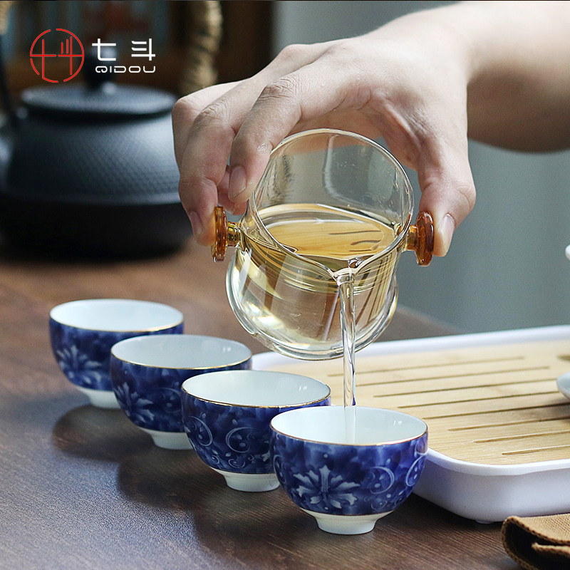 陶瓷杯过滤双耳红茶壶耐热茶壶简约玻璃家用泡茶青花冲茶器玻璃花
