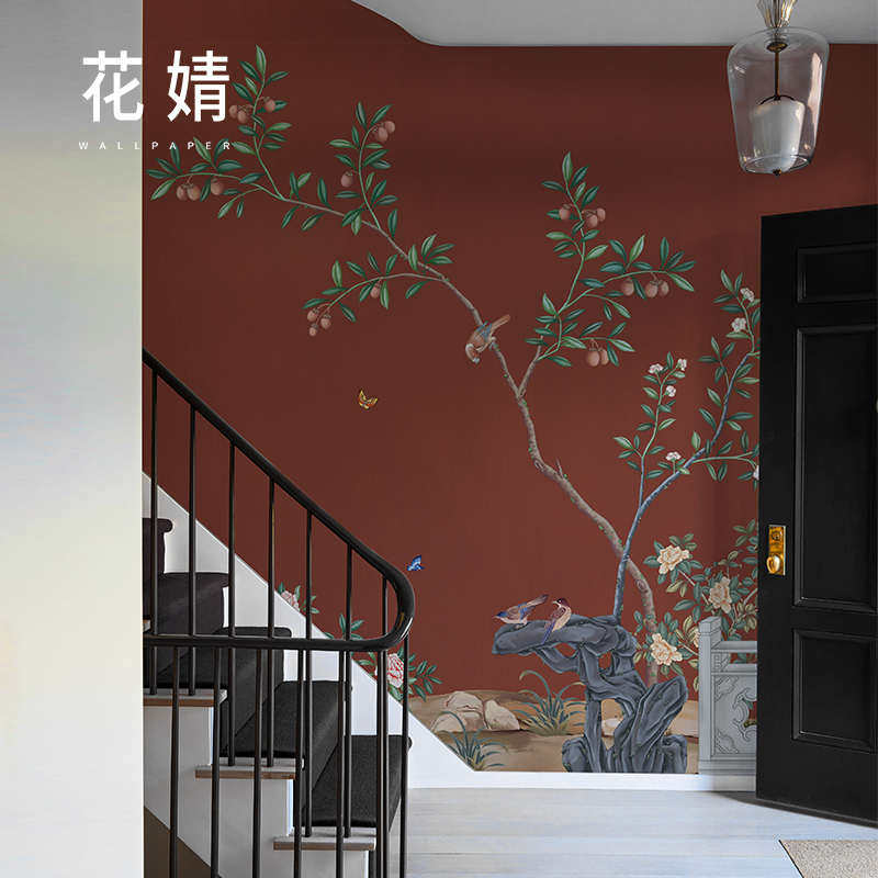 花鸟壁纸中法式餐厅民宿背景墙纸壁画定制卧室酒店客房无纺布墙布
