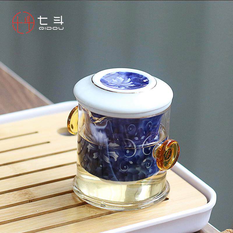 陶瓷杯过滤双耳红茶壶耐热茶壶简约玻璃家用泡茶青花冲茶器玻璃花