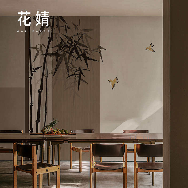 中式竹子花鸟壁纸餐厅卧室无纺布墙纸电视背景墙玄关墙布定制壁画