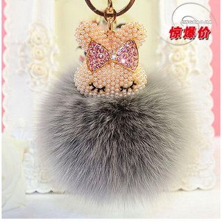 推荐韩国水钻超大珍珠狐狸毛球汽车钥匙扣女士包挂件可爱毛绒创意