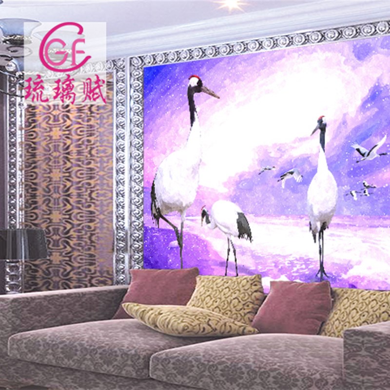 琉璃赋白鹤壁画现代简约墙纸客厅电视背景墙手绘水V彩定制个性壁