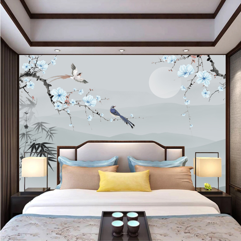 20232023j新中式卧室床头背景墙布装饰壁画壁布主卧壁纸花鸟壁