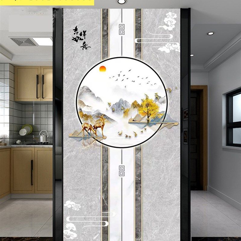 玄关岩板背景墙瓷砖微晶石大理石过道装饰壁画立体简约现代新中式