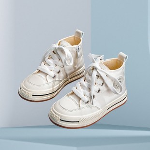 儿童帆布鞋系鞋带中高帮童鞋男童球鞋女J童板鞋纯色布鞋黑色白色