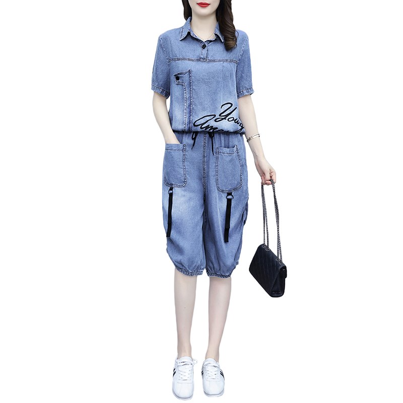 牛仔休闲职业套装女夏季2024年新款遮肚显瘦薄款七分X阔腿裤两件
