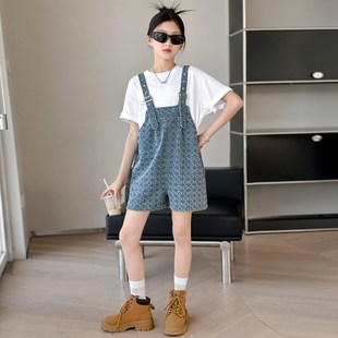 薄款 2024新款 女童夏季 兒童女大I童夏裝 休閑褲 牛仔背帶褲 洋氣短褲