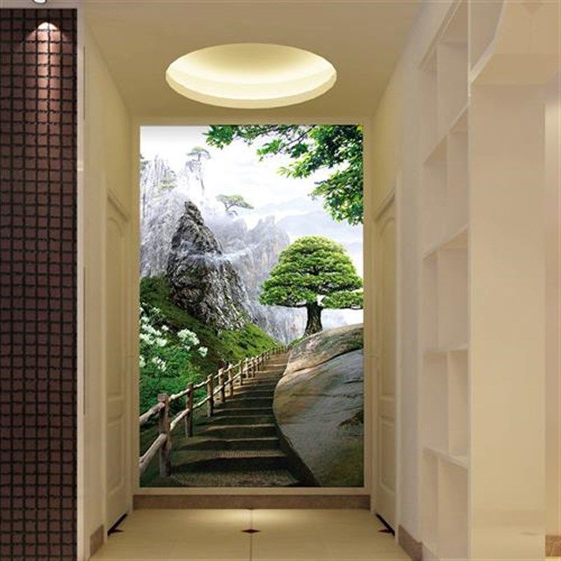 38D立体玄关过道壁纸走廊黄山z风景壁画迎客松墙布定制5d背景墙纸