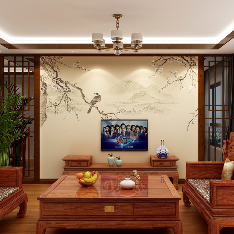 直销新古典电视背景墙布q新中式壁纸客厅玄关装饰3D壁布花鸟壁画