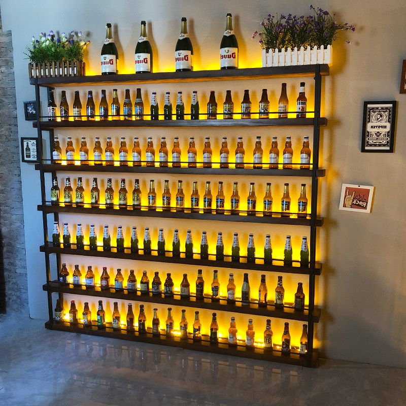 酒吧餐厅铁艺隔断酒架装饰t吧台壁挂实木发光红酒啤酒柜置物展示