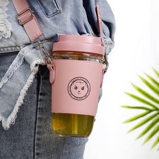 玻璃吸管水杯女可爱咖啡杯t子大容量便携式斜跨Q背带简约夏季高颜