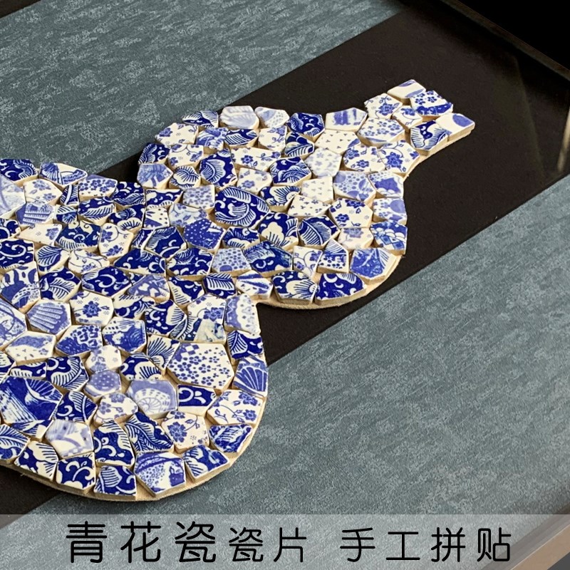 实物装饰画新中式实物画青花瓷片沙发背I景墙画客厅画手工立体挂图片