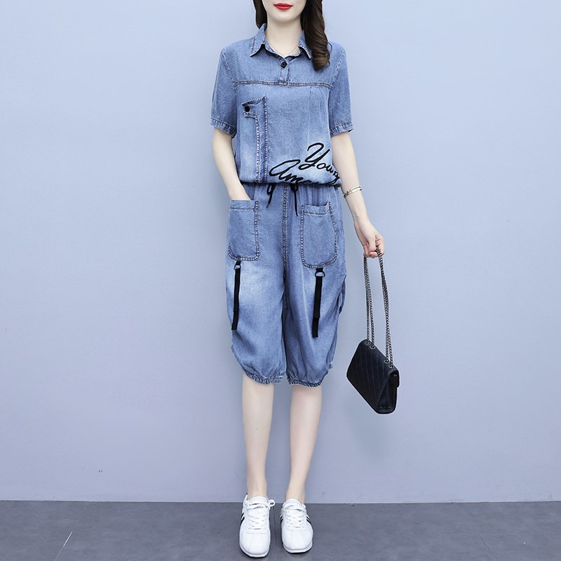 牛仔休闲a职业套装女夏季2024年新款遮肚显瘦薄款七分.阔腿裤两件