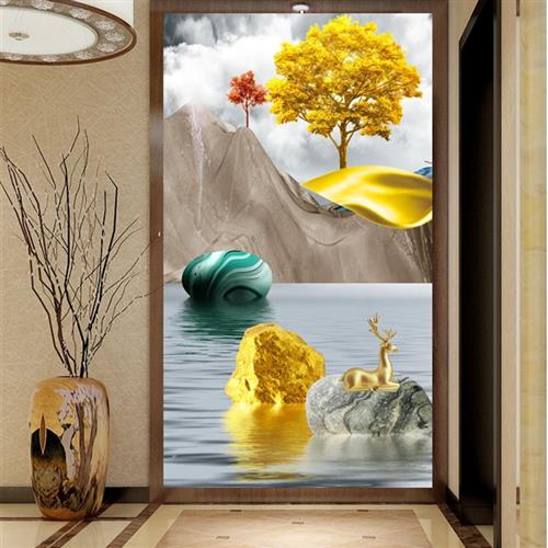 定制8d立体f发财树玄关壁纸壁画走廊过J道壁纸客厅装饰画进门5D图片