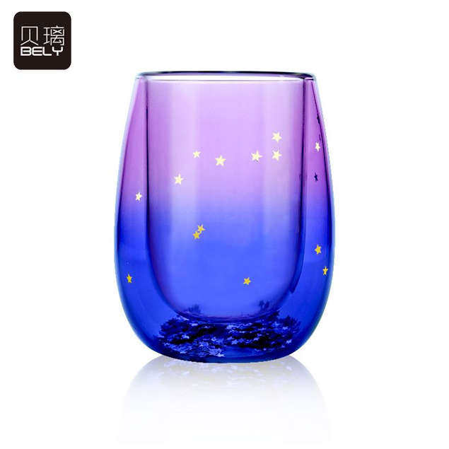 胖璃小仙贝 水晶矮杯子圆杯口圆形双层水杯玻璃杯 星空女彩色大肚