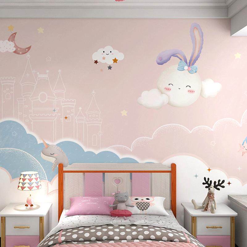 儿童房壁纸女孩房墙布月亮云朵壁布公主房壁画墙面装饰无纺布墙纸
