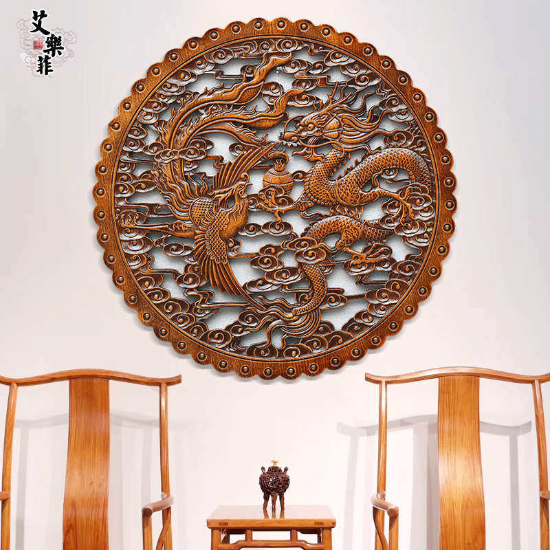 木雕仿古香樟龙中式工艺品木圆形雕刻东阳玄关客厅壁中式挂件装饰