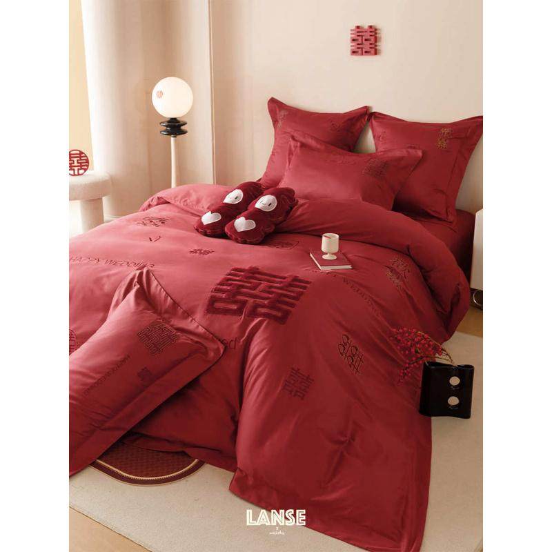 结婚床品.棉新刺绣支床被套1喜字中式笠红色婚庆件套1008床单四全,床上用品,婚庆床品套件,淘宝优惠券,粉丝福利购,淘宝优惠卷