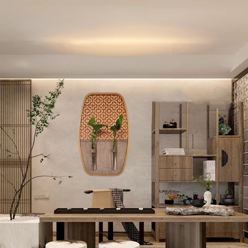 侘寂风实物装饰画民宿绿植挂画茶室茶楼手工竹编方形酒.店背景墙图片