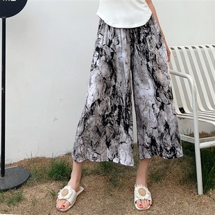 女人造棉夏季 妈妈肥大脚裤 新款 碎花喇叭居家裤 七分裙裤 棉绸阔腿裤